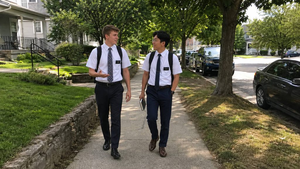 Two LDS missionaries working together as missionary companions during a typical day