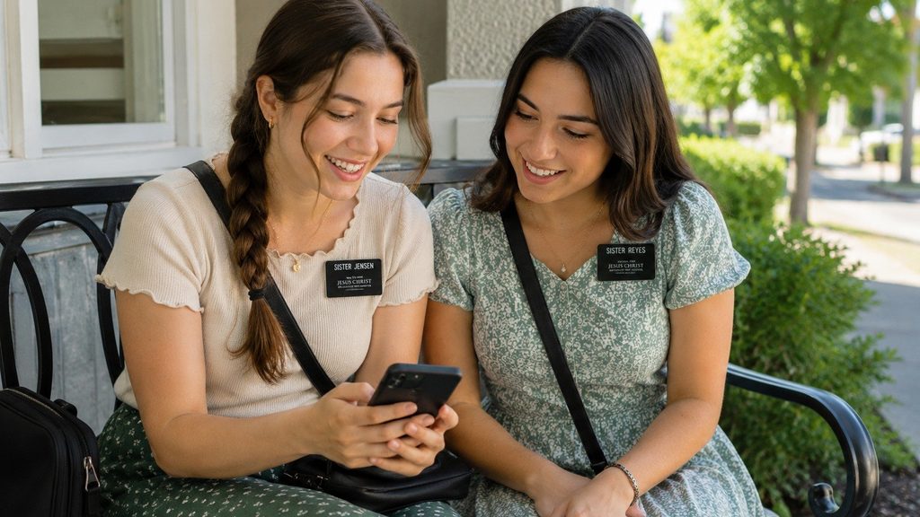 Two Latter-day Saint missionaries using a smartphone together for missionary work