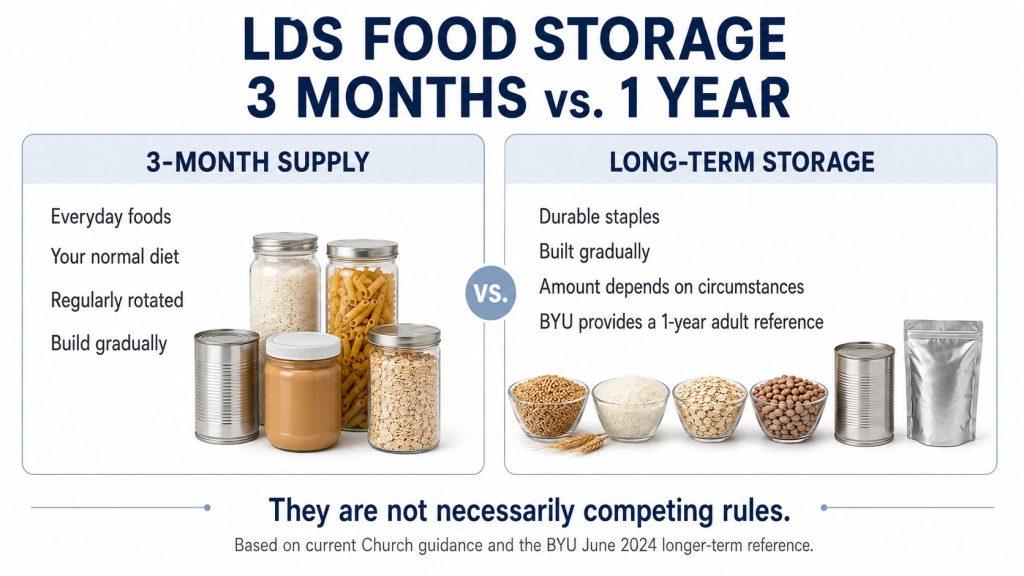 LDS food storage comparison showing a three-month everyday supply versus long-term storage