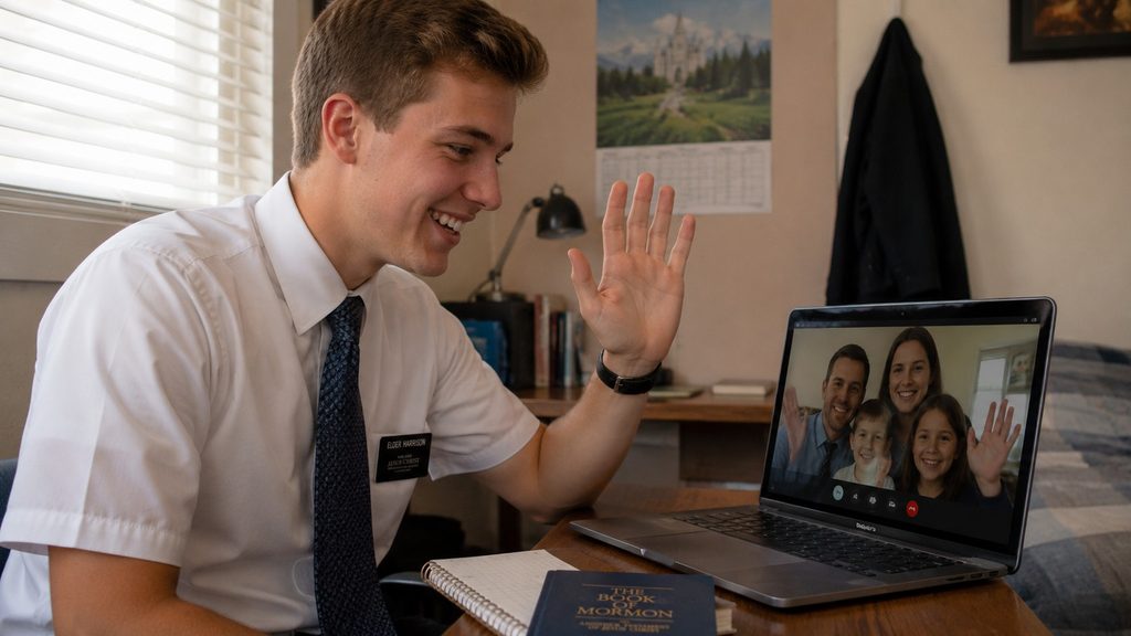 LDS missionary making a video call with family during weekly preparation day