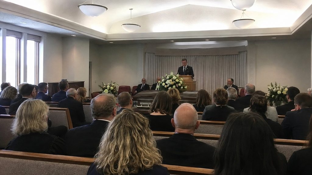 Latter-day Saint funeral service inside a Church meetinghouse chapel