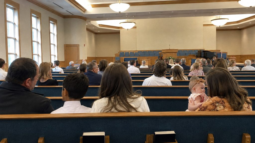 Families attending sacrament meeting in a Latter-day Saint chapel