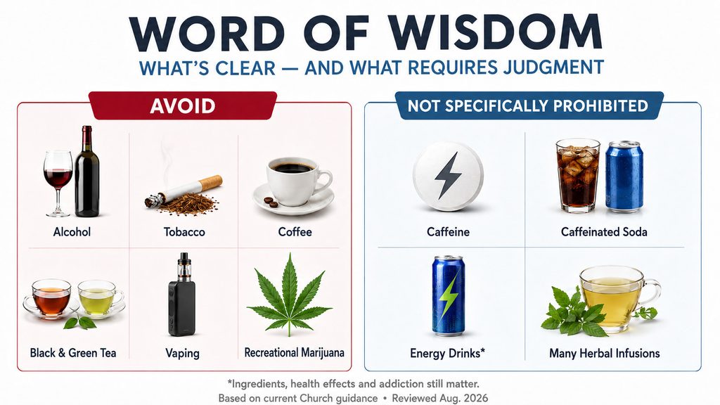 Word of Wisdom guide showing coffee, tea, alcohol and vaping versus caffeine, soda and energy drinks