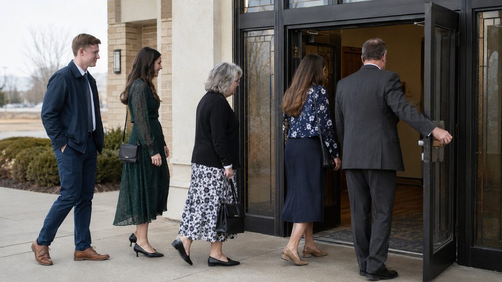 Guests wearing respectful clothing at a Latter-day Saint funeral