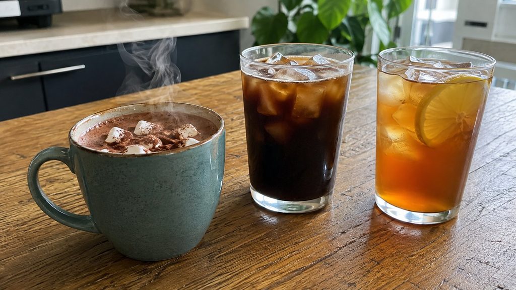 Hot chocolate, iced coffee and iced tea illustrating the meaning of hot drinks in the Word of Wisdom
