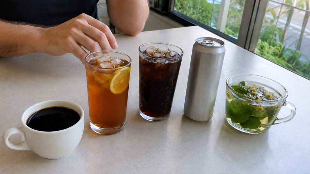 Coffee, tea, soda and an energy drink illustrating questions about the Mormon Word of Wisdom