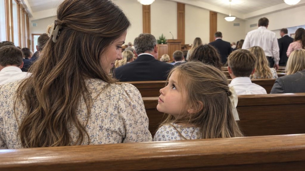 Latter-day Saint mother and young daughter sitting together in a chapel during a Sunday meeting