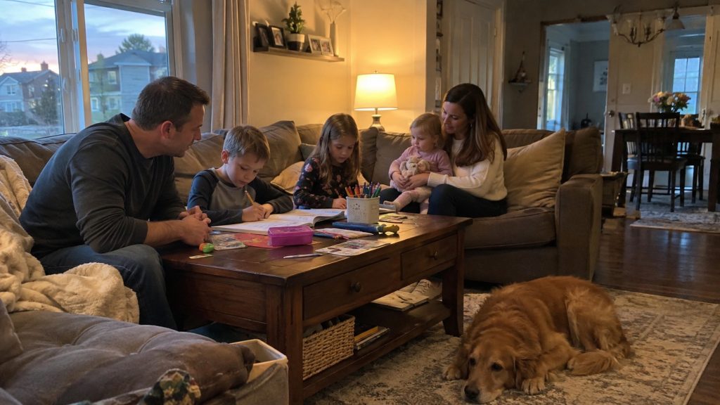 Latter-day Saint parents spending a quiet evening at home with their children