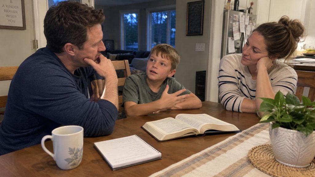 Latter-day Saint family reading scripture together at home