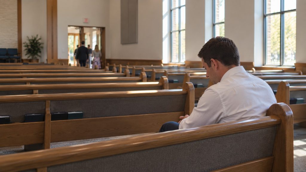 Latter-day Saint man sitting quietly in a church meetinghouse after a Sunday service