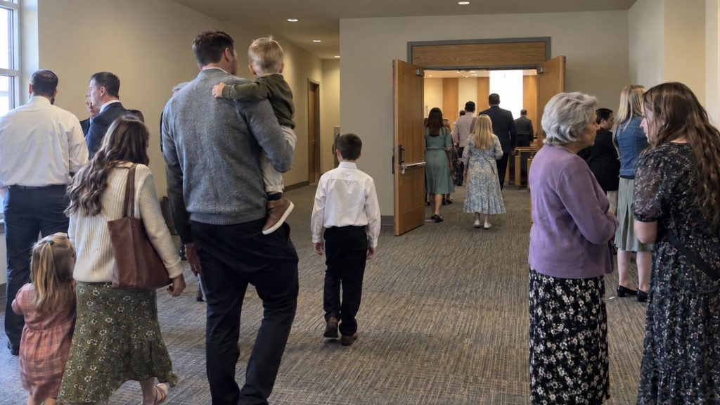 Latter-day Saint members talking and gathering inside a meetinghouse before or after Sunday services