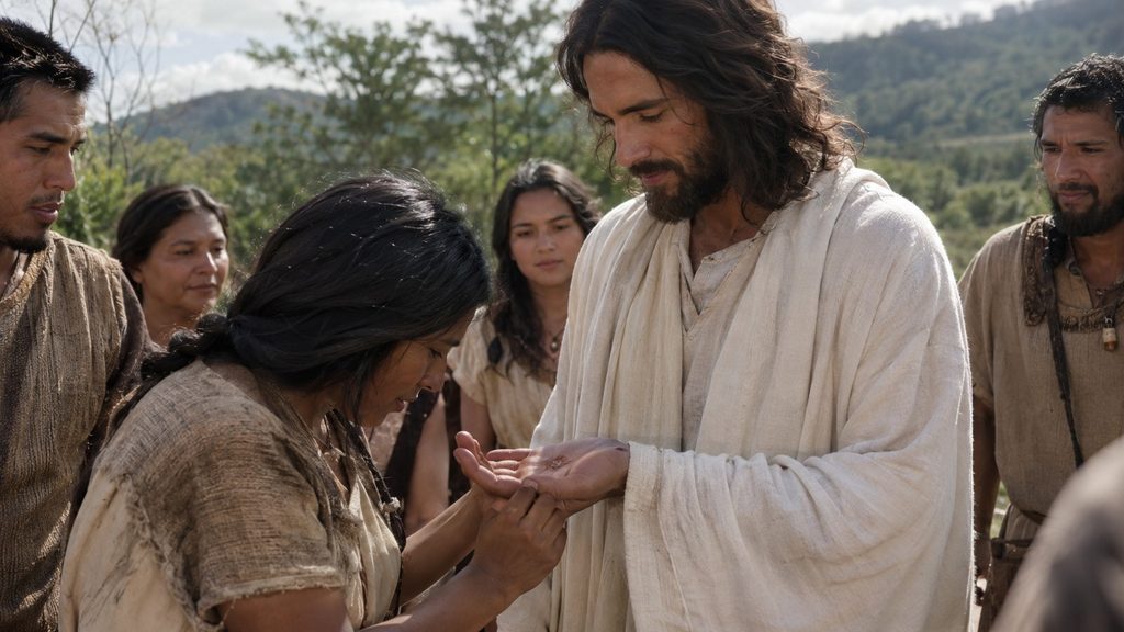 The risen Jesus Christ showing the wounds in His hands to people in the Book of Mormon account of 3 Nephi 11