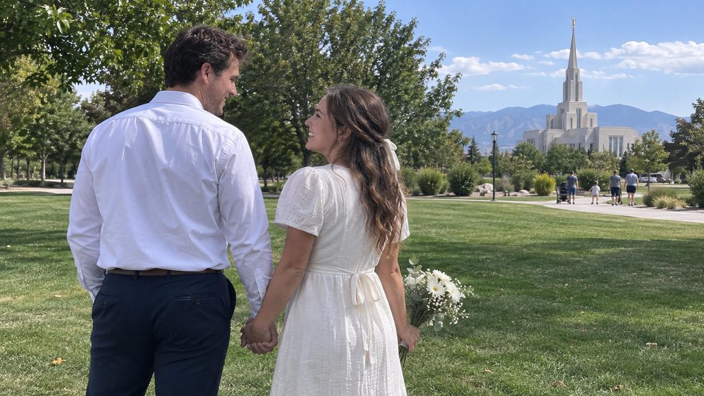 Civil wedding couple with a Latter-day Saint temple in the distance