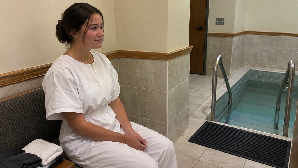 LDS baptism candidate in white clothing waiting beside a baptismal font