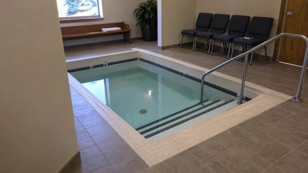 LDS baptismal font and seating before a baptismal service