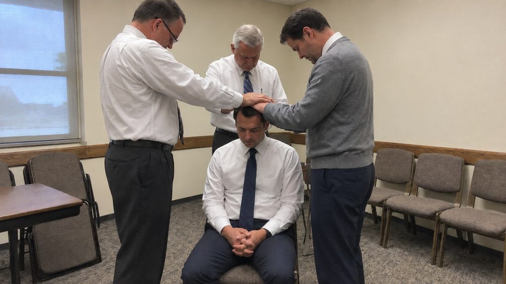 Church member being set apart for an LDS calling by priesthood holders