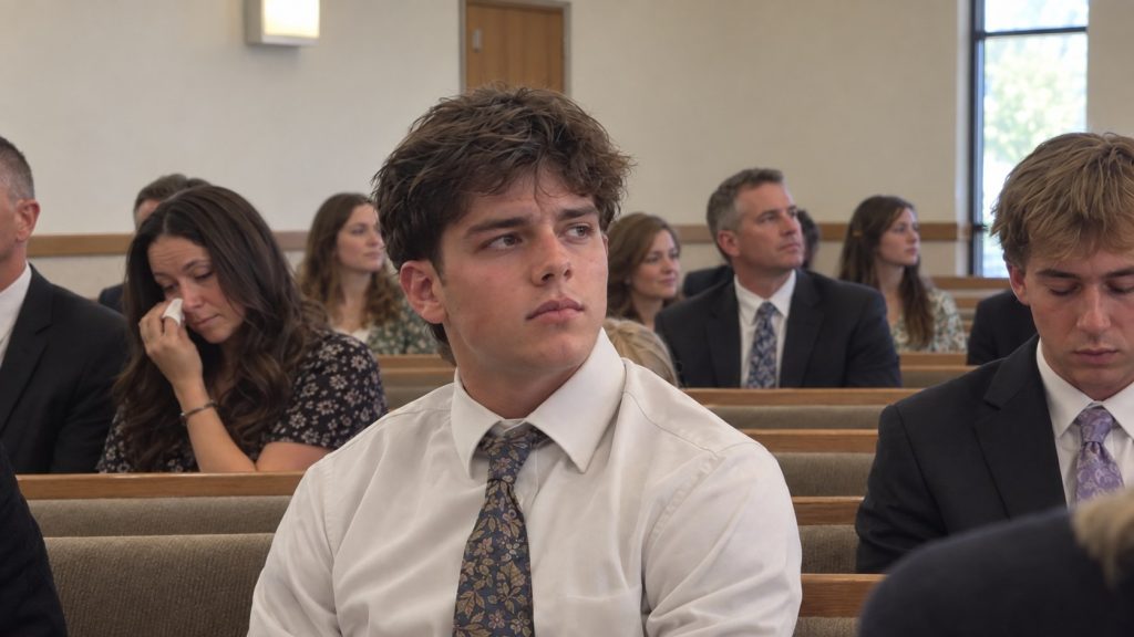 Young Latter-day Saint sitting quietly during a sacrament meeting while others around him appear emotionally moved