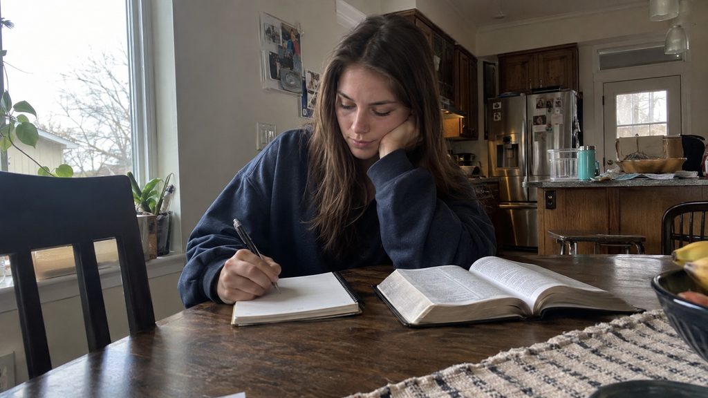 Latter-day Saint quietly writing in a notebook after prayer and scripture study at home