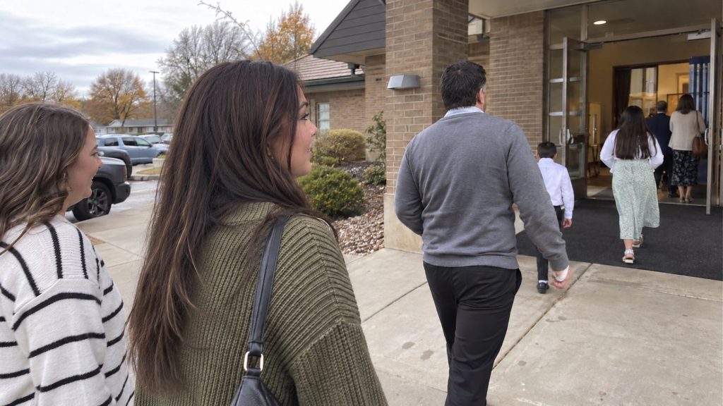 Guests arriving at a Latter-day Saint baptismal service