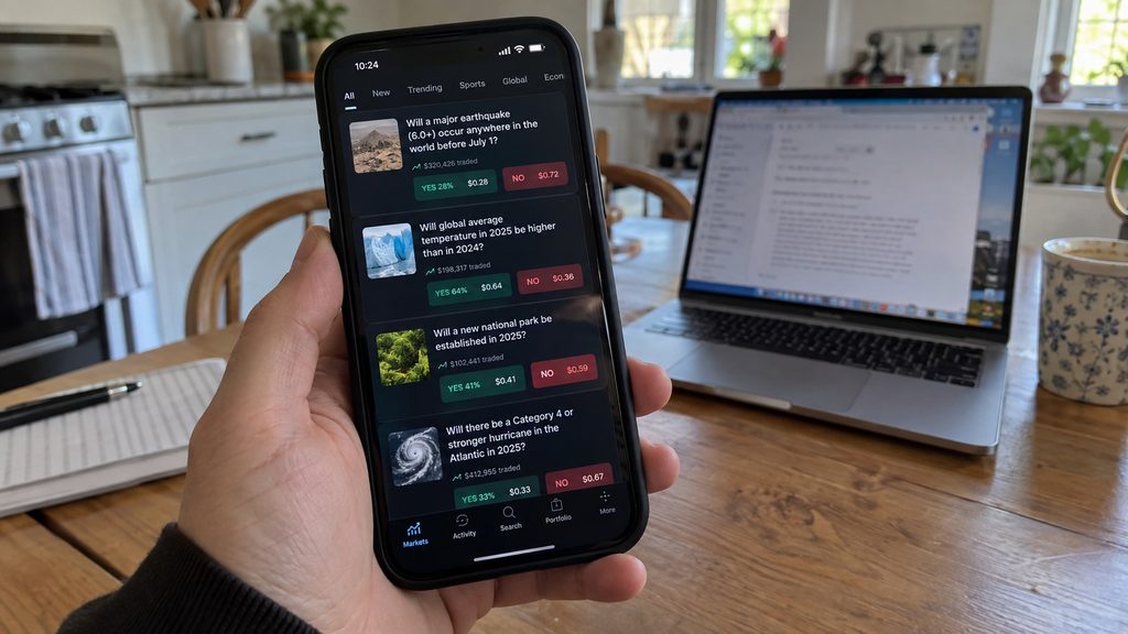 Generic prediction market interface on a smartphone showing event probabilities