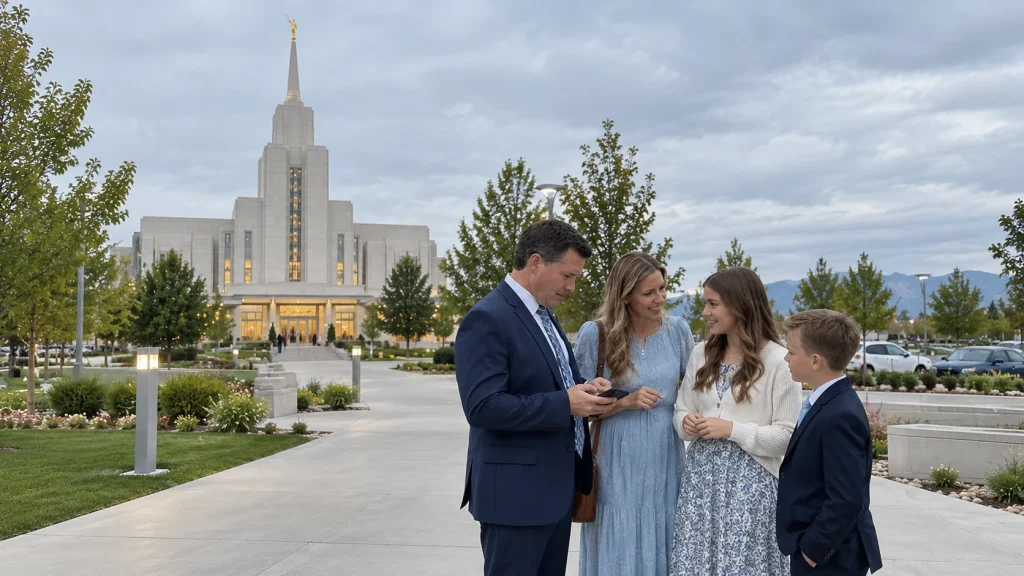 A Latter-day Saint family with two children standing outside a temple before a family temple visit.